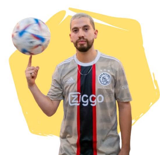Frankie Flo, Professional Football Freestyler, in front of a yellow hexagon.